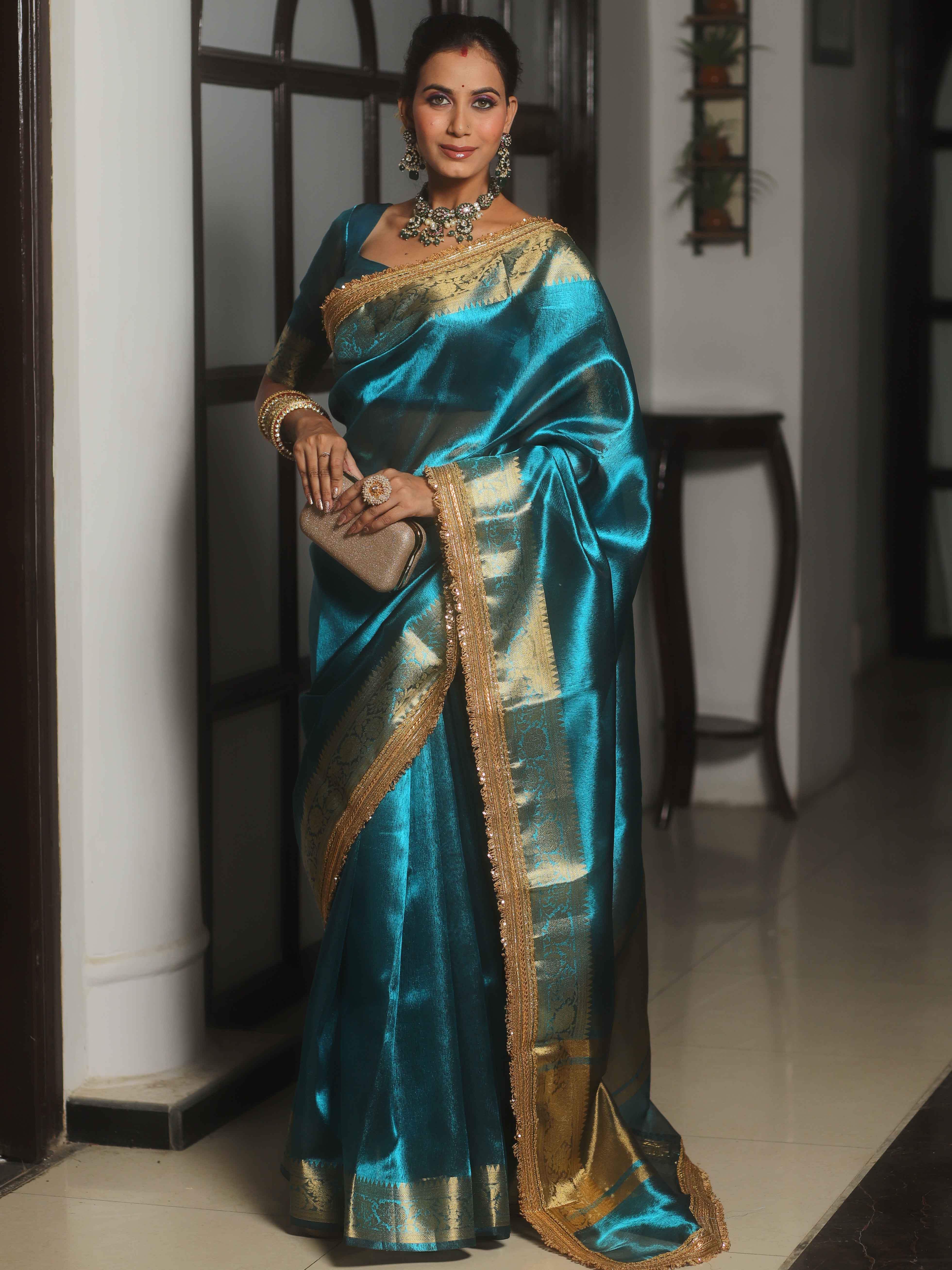 Banarasee Handwoven Plain Tissue Saree Zari Border With Lace-Teal Blue