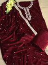 Banarasee Hand-Embroidered Velvet Salwar Kameez With Dupatta Set-Maroon