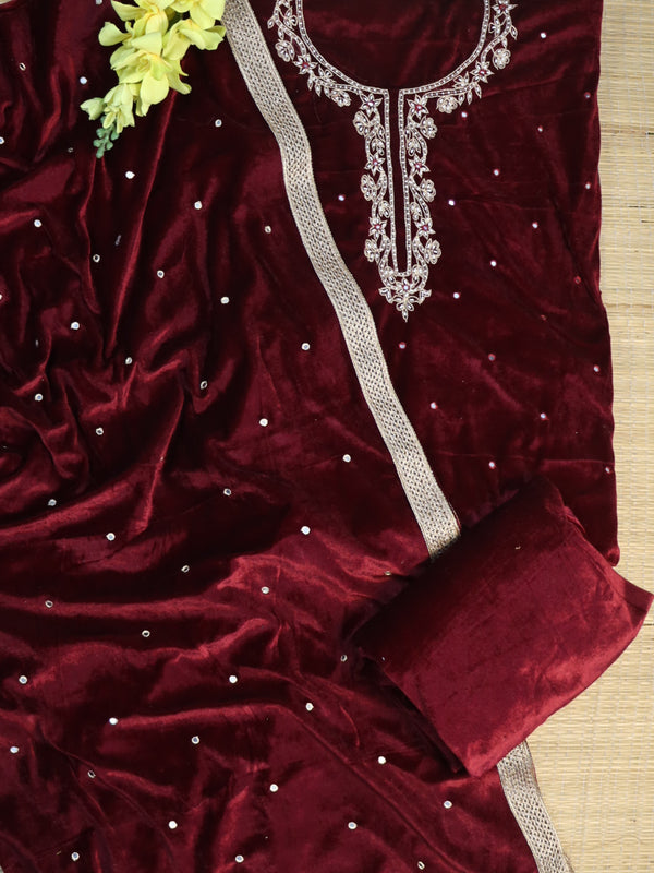 Banarasee Hand-Embroidered Velvet Salwar Kameez With Dupatta Set-Maroon