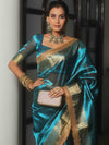 Banarasee Handwoven Plain Tissue Saree Zari Border With Lace-Teal Blue