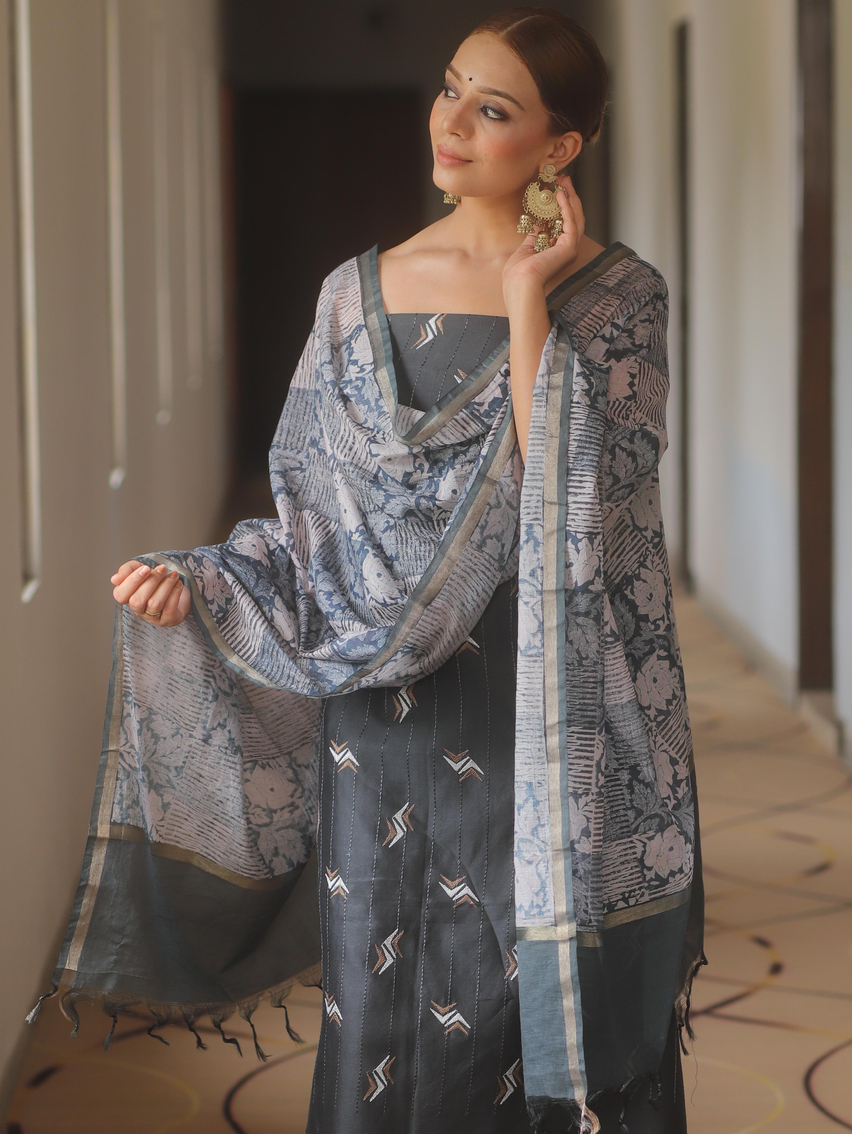 Banarasee Chanderi Salwar Kameez Fabric With Digital Print Dupatta Set-Grey