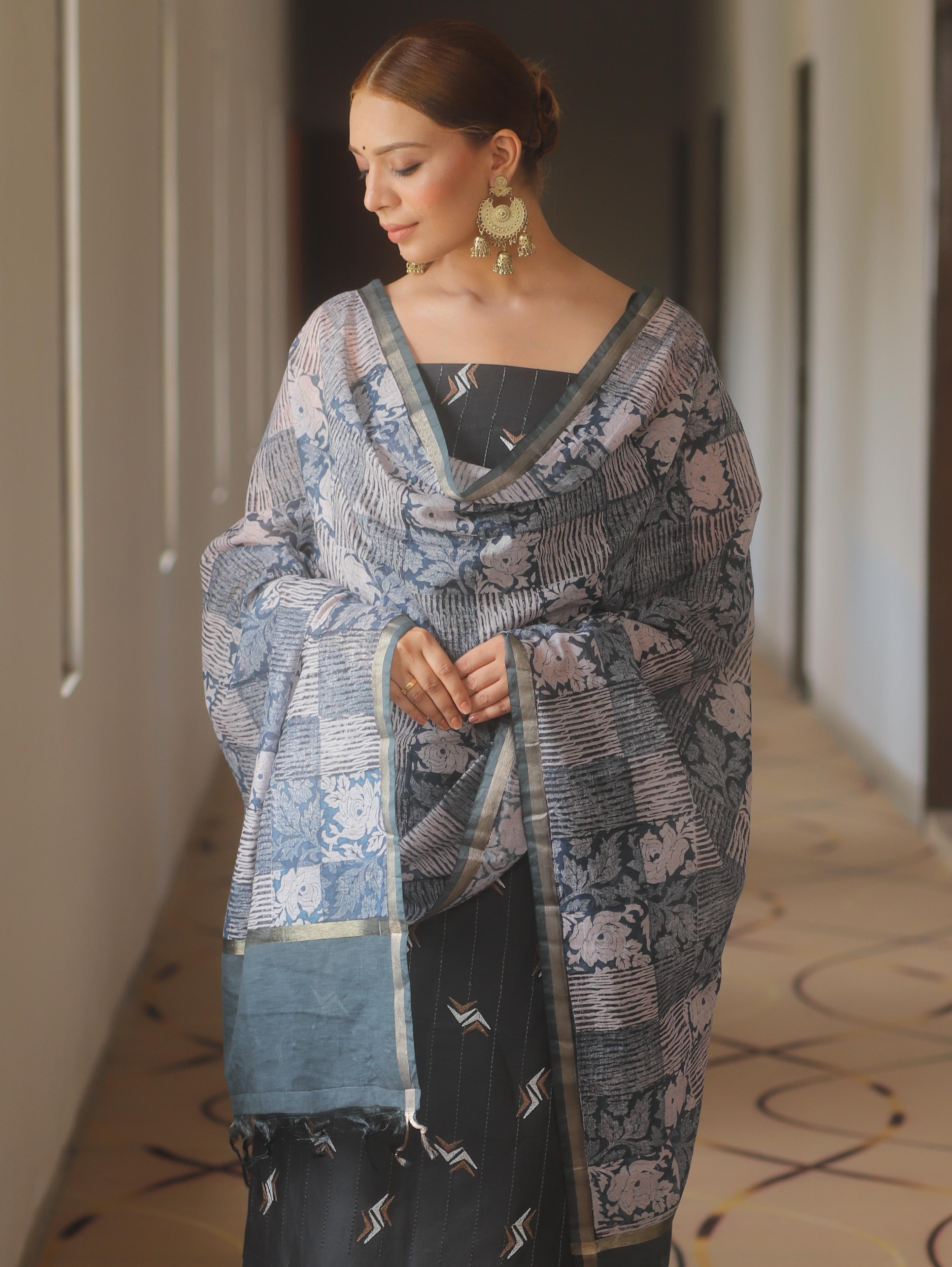 Banarasee Chanderi Salwar Kameez Fabric With Digital Print Dupatta Set-Grey