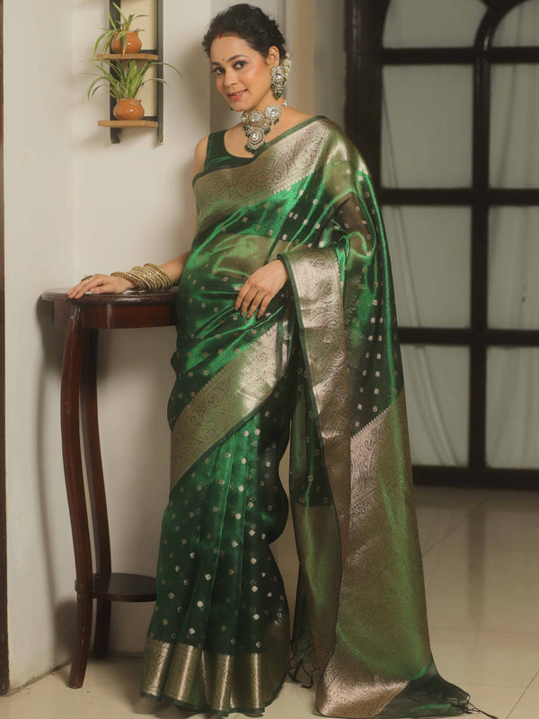 Banarasee Handwoven Tissue Saree Zari Border With Buti Design-Green