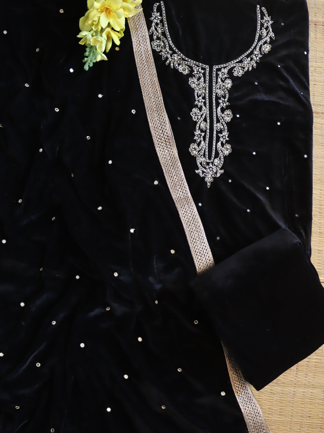 Banarasee Hand-Embroidered Velvet Salwar Kameez With Dupatta Set-Black