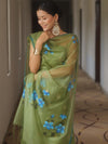 Banarasee Chanderi Zari Buti Salwar Kameez Fabric With Organza Handpaint Dupatta Set-Olive Green