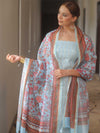 Banarasee Chanderi Salwar Kameez Fabric With Digital Print Dupatta-Light Blue