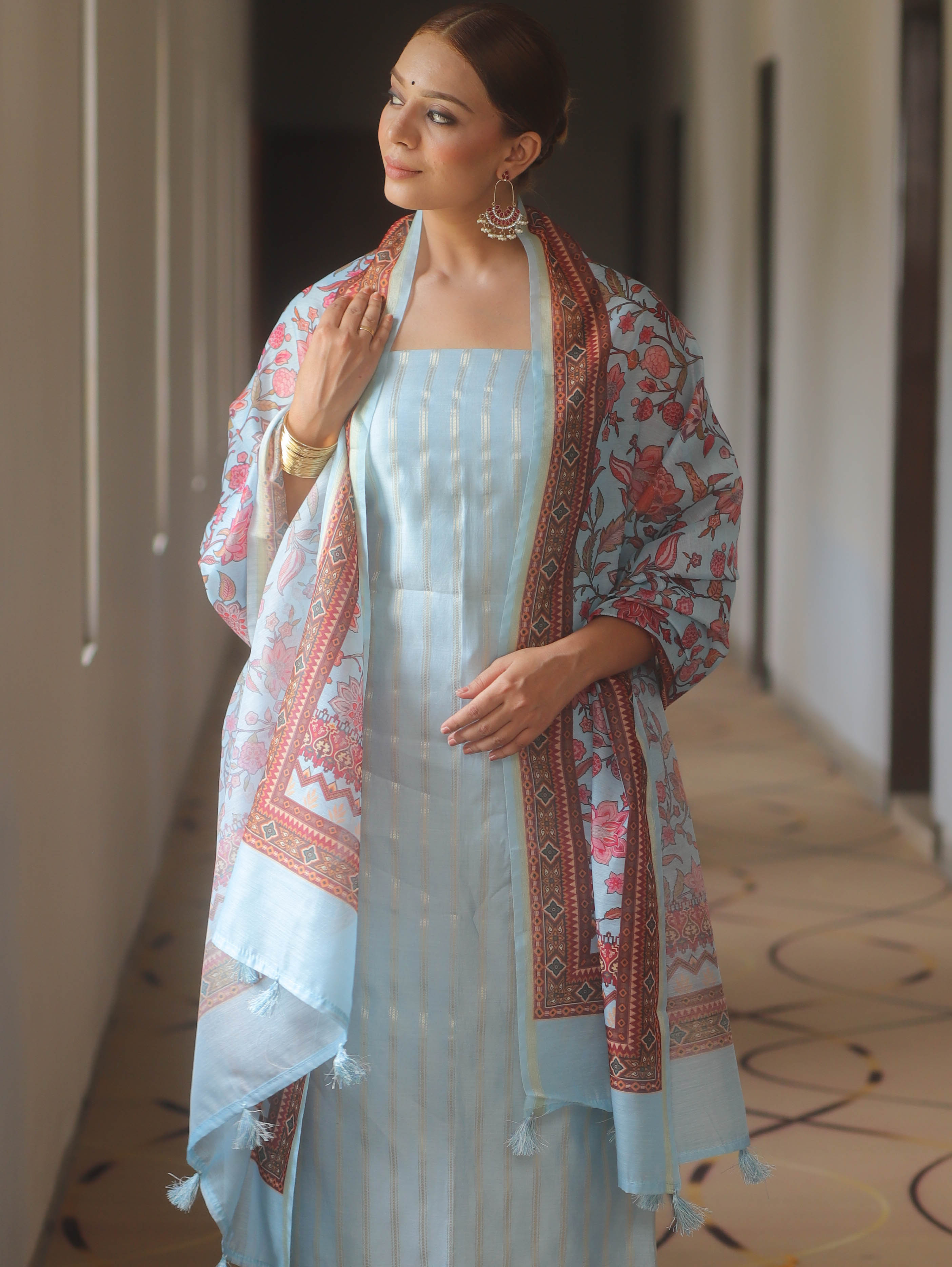 Banarasee Chanderi Salwar Kameez Fabric With Digital Print Dupatta-Light Blue