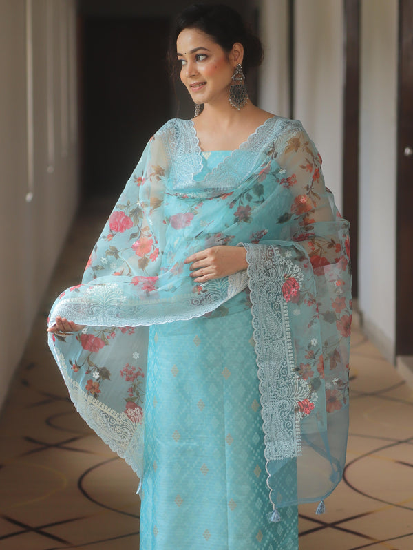 Banarasee Chanderi Salwar Kameez Fabric With Organza Digital Print Dupatta Set-Light Blue