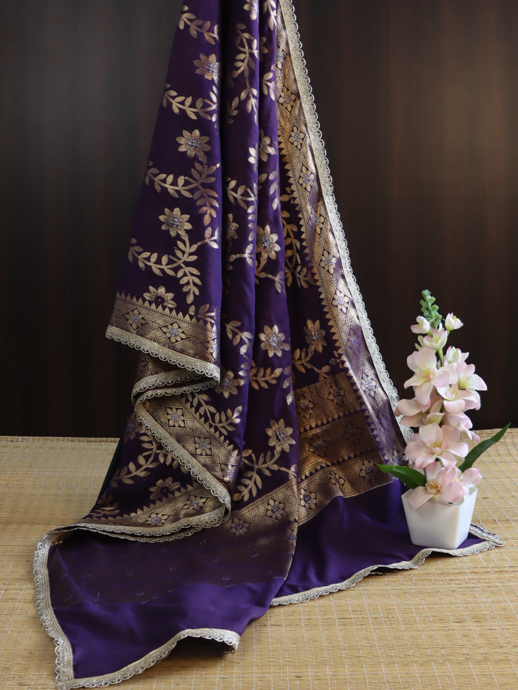 Banarasee Cotton Silk Dupatta With Zari Jaal Design & Lace-Purple