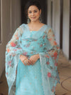 Banarasee Chanderi Salwar Kameez Fabric With Organza Digital Print Dupatta Set-Light Blue