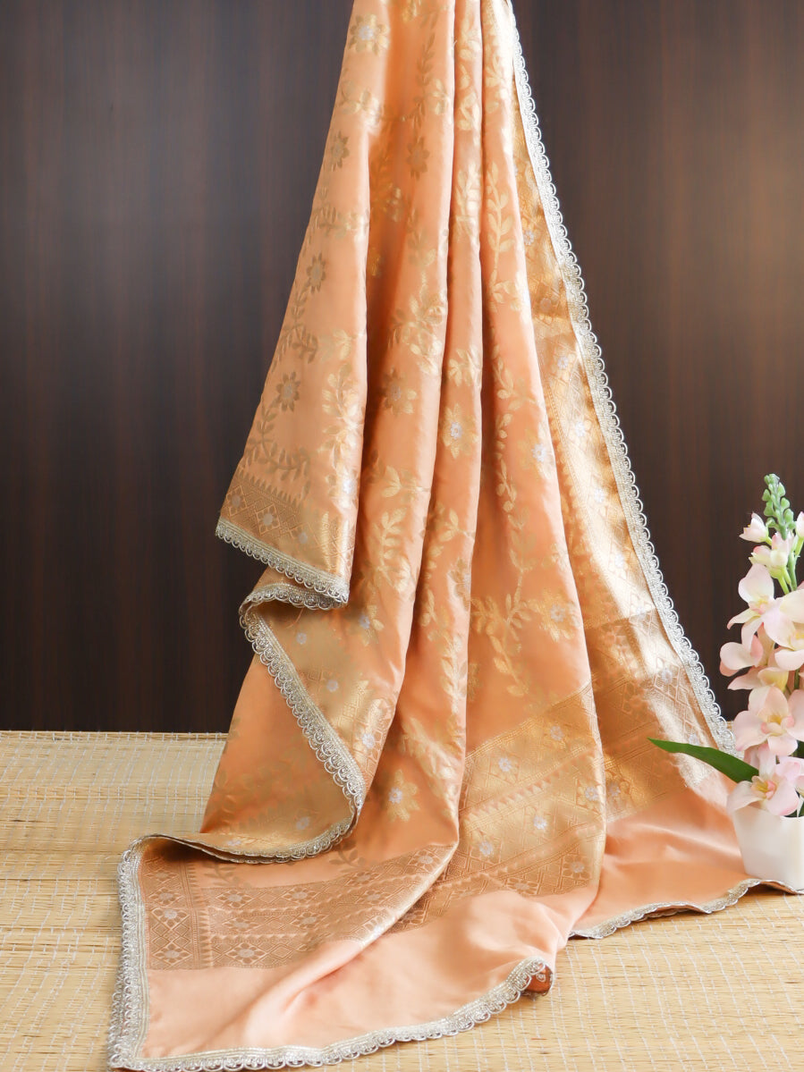 Banarasee Cotton Silk Dupatta With Zari Jaal Design & Lace-Peach