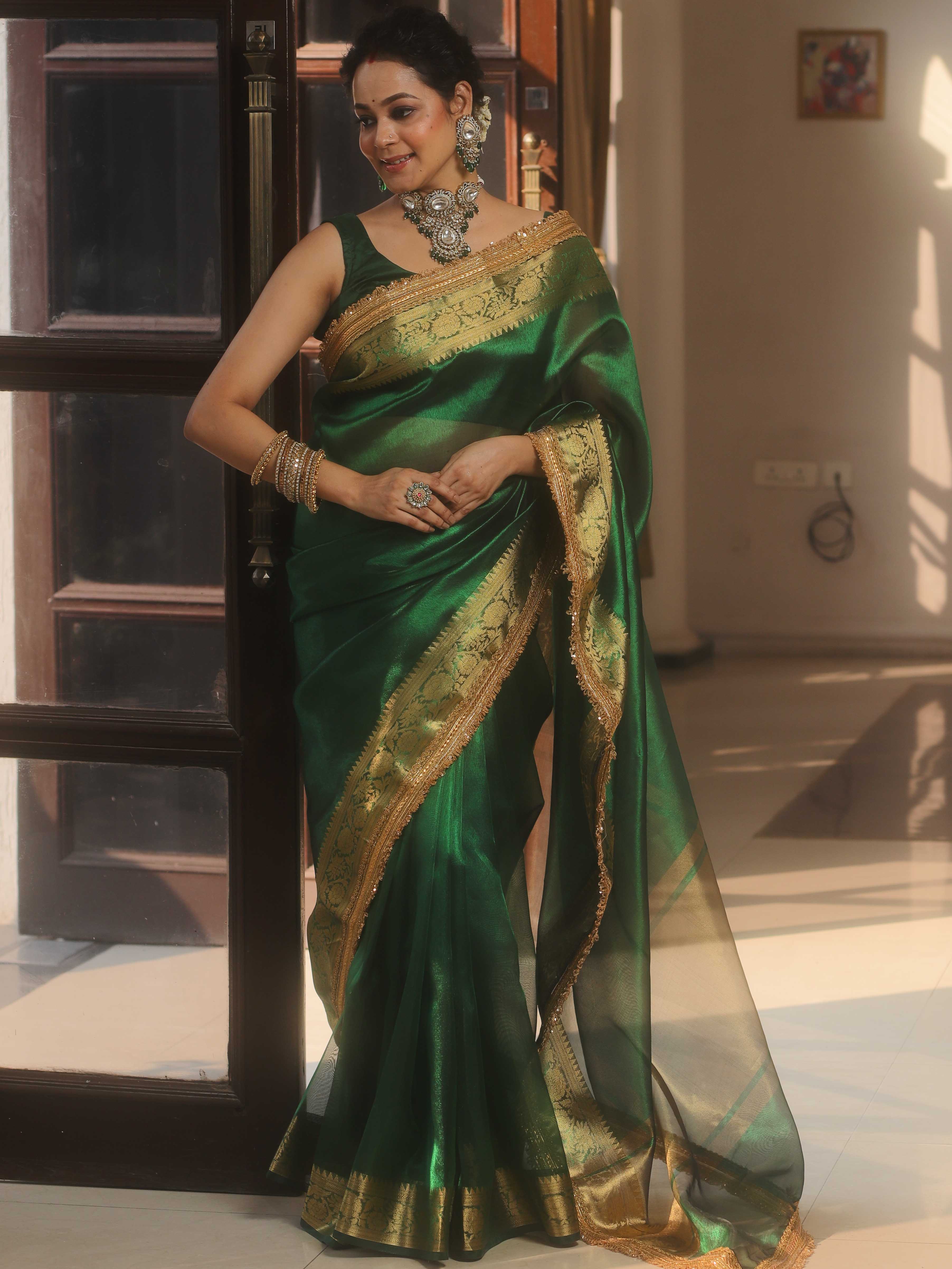 Banarasee Handwoven Plain Tissue Saree Zari Border With Lace-Green