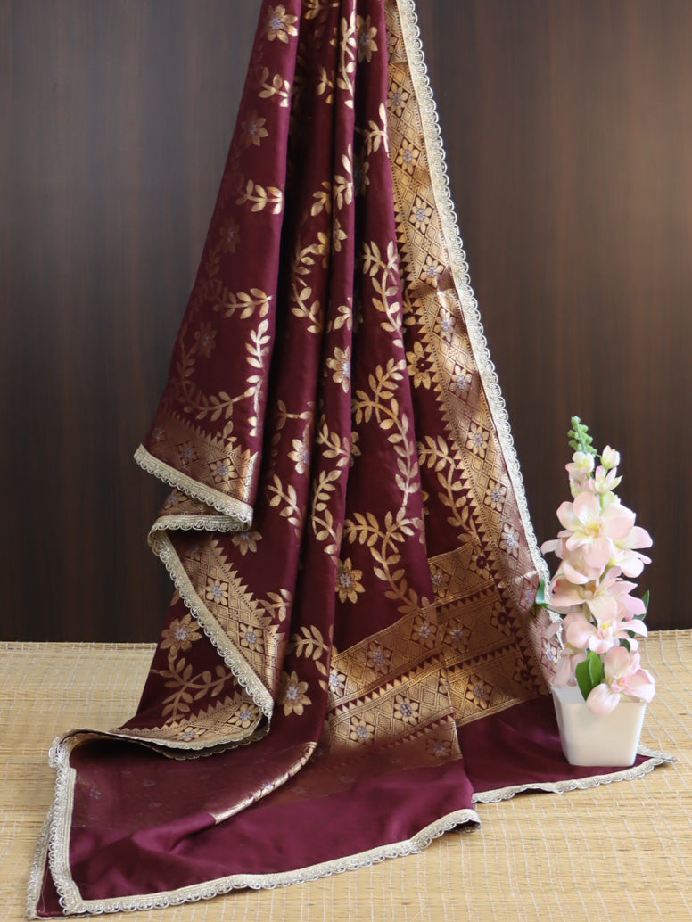 Banarasee Cotton Silk Dupatta With Zari Jaal Design & Lace-Wine