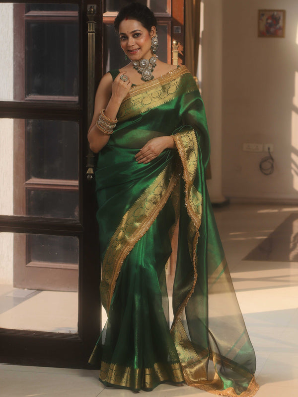 Banarasee Handwoven Plain Tissue Saree Zari Border With Lace-Green