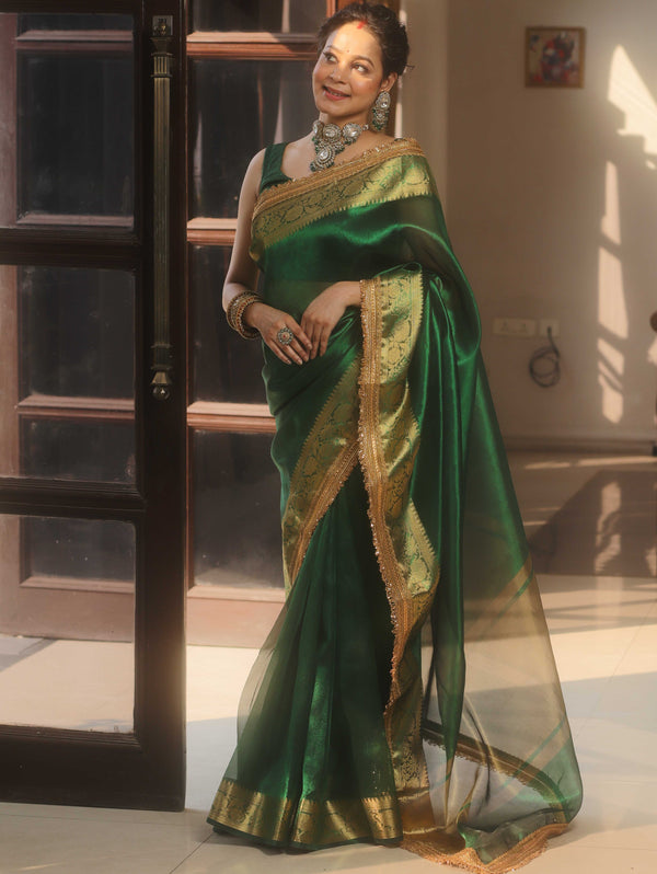 Banarasee Handwoven Plain Tissue Saree Zari Border With Lace-Green