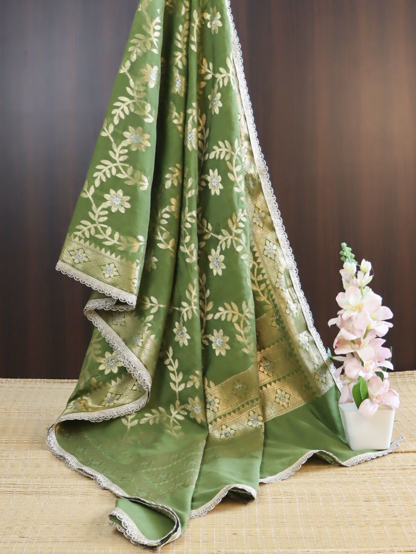 Banarasee Cotton Silk Dupatta With Zari Jaal Design & Lace-Olive Green