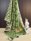 Banarasee Cotton Silk Dupatta With Zari Jaal Design & Lace-Olive Green