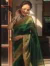 Banarasee Handwoven Plain Tissue Saree Zari Border With Lace-Green