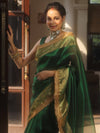 Banarasee Handwoven Plain Tissue Saree Zari Border With Lace-Green