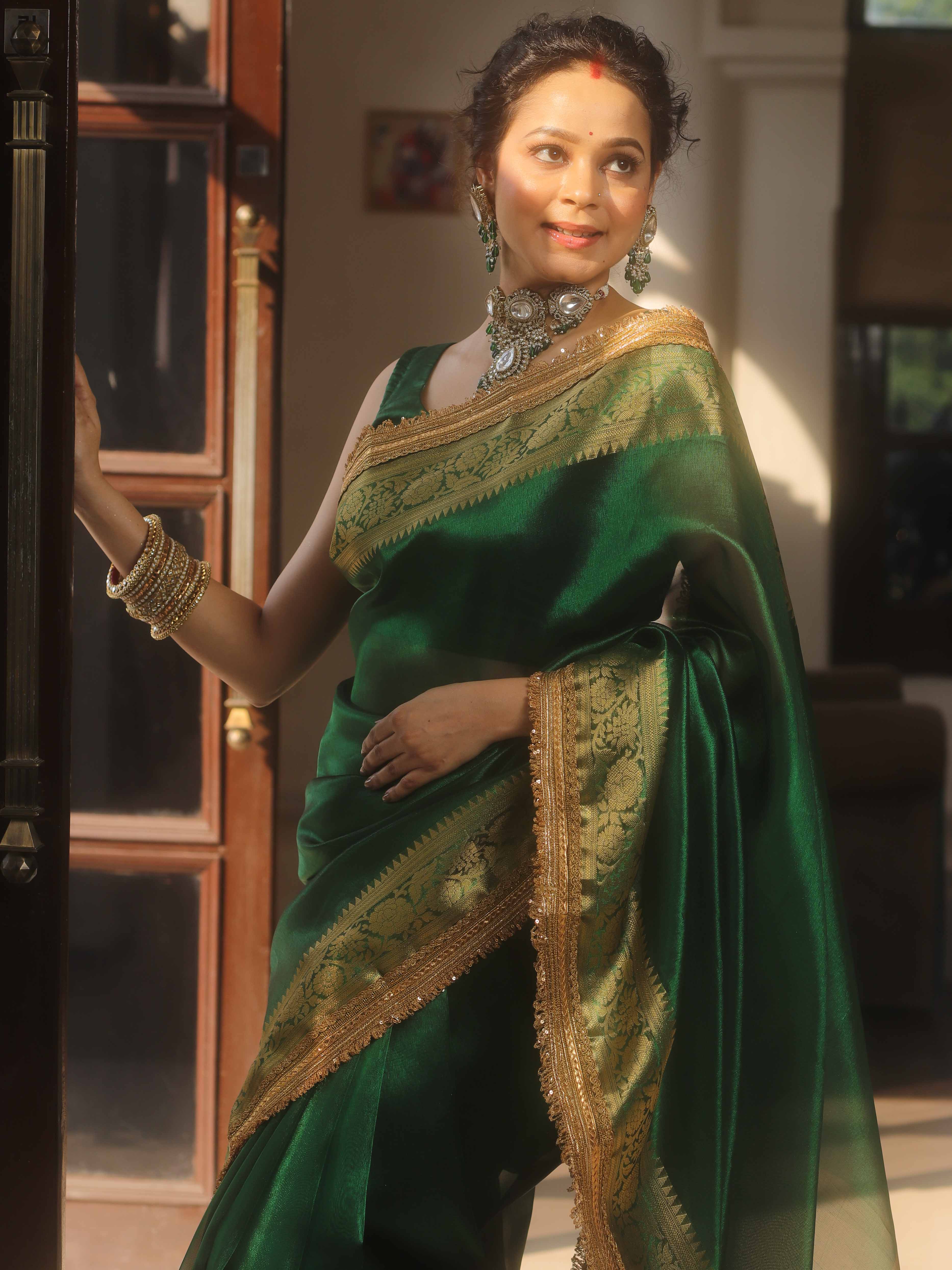 Banarasee Handwoven Plain Tissue Saree Zari Border With Lace-Green