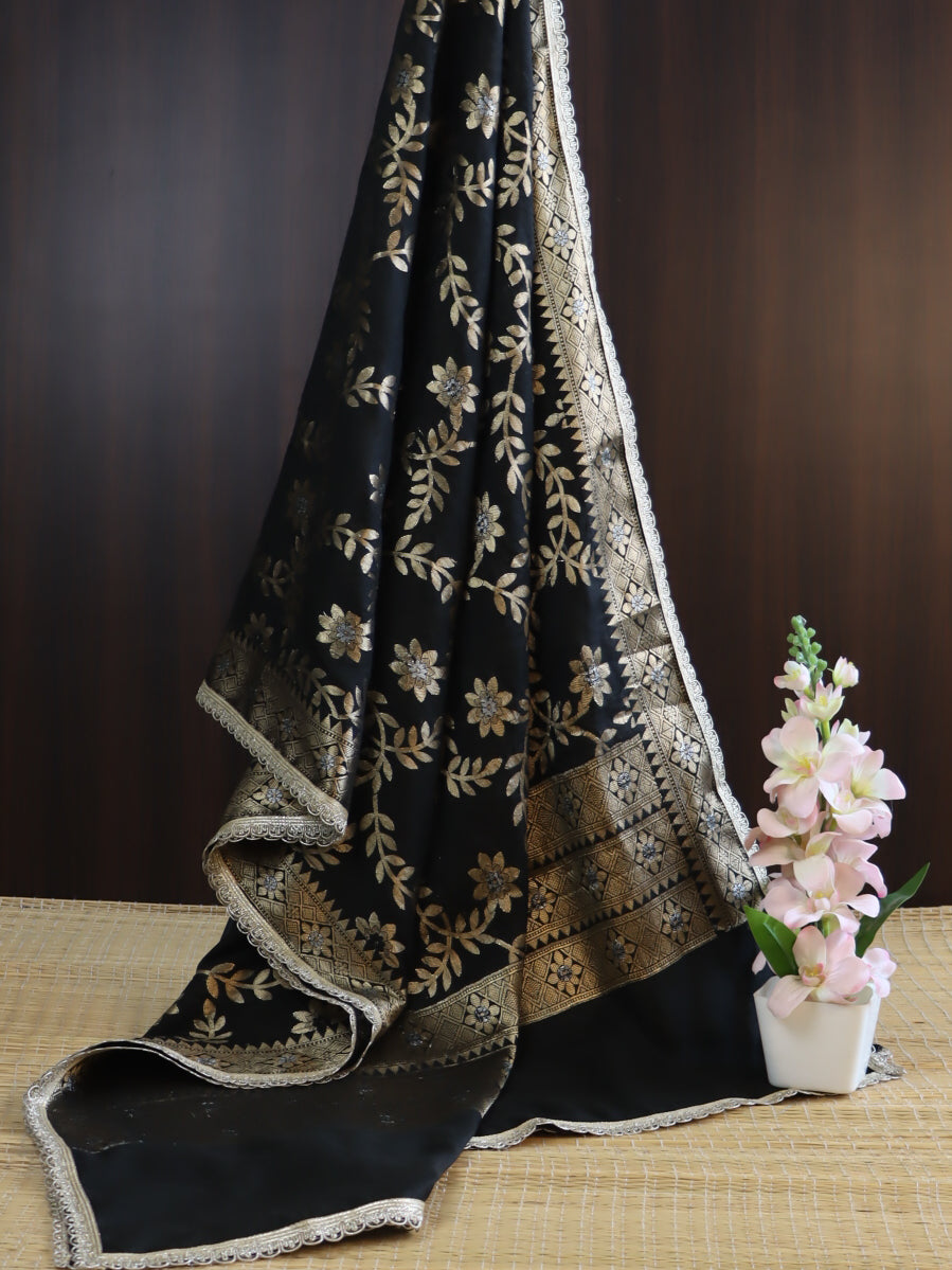 Banarasee Cotton Silk Dupatta With Zari Jaal Design & Lace-Black