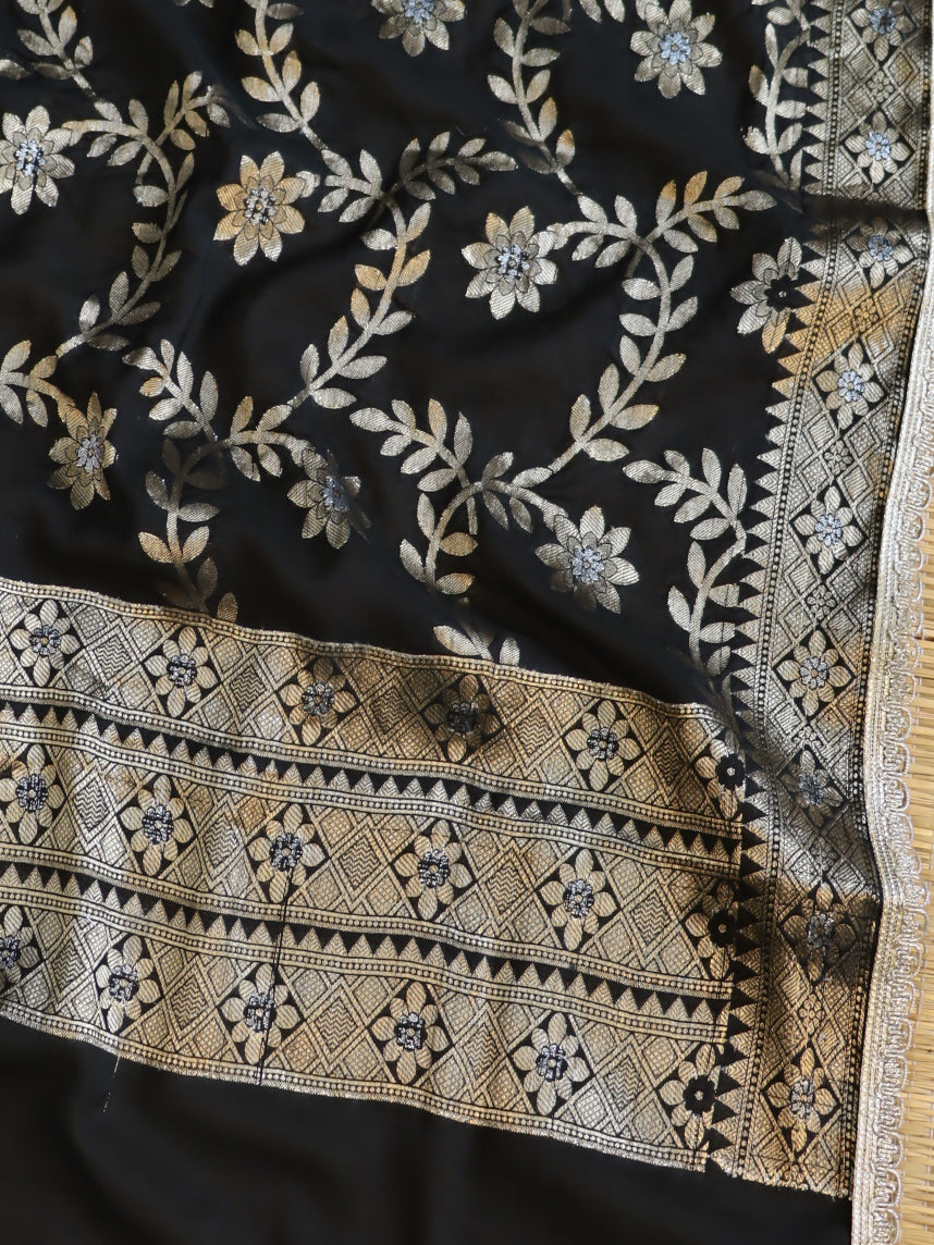 Banarasee Cotton Silk Dupatta With Zari Jaal Design & Lace-Black