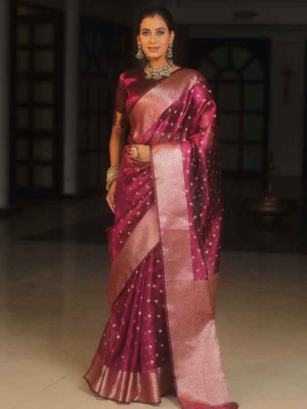 Banarasee Handwoven Tissue Saree Zari Border With Buti Design-Magenta