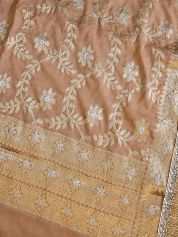 Banarasee Cotton Silk Dupatta With Zari Jaal Design & Lace-Peach