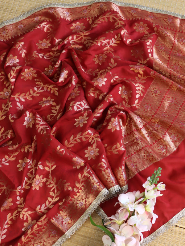 Banarasee Cotton Silk Dupatta With Zari Jaal Design & Lace-Red