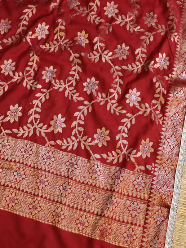 Banarasee Cotton Silk Dupatta With Zari Jaal Design & Lace-Red