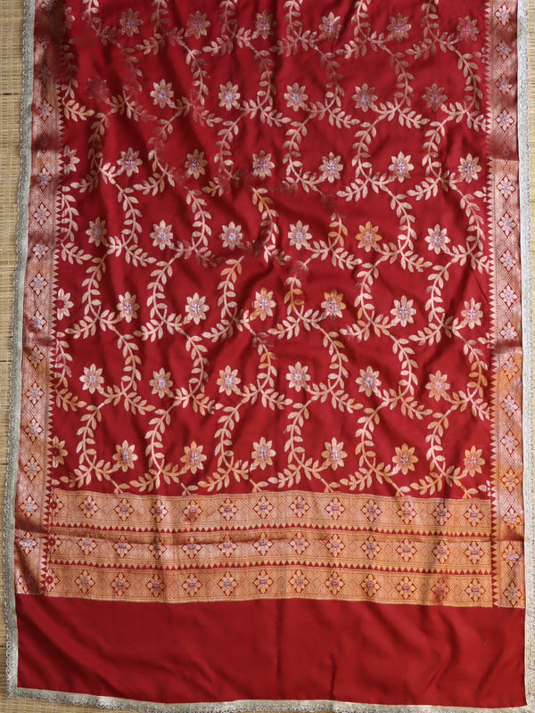 Banarasee Cotton Silk Dupatta With Zari Jaal Design & Lace-Red