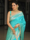 Banarasee Semi-Katan Silver Zari Border Saree With Lace-Turquoise Blue