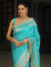 Banarasee Semi-Katan Silver Zari Border Saree With Lace-Turquoise Blue