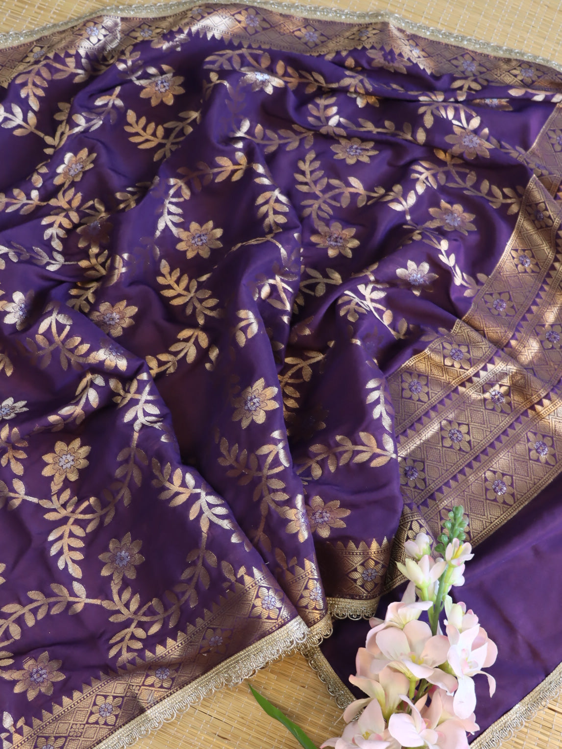 Banarasee Cotton Silk Dupatta With Zari Jaal Design & Lace-Purple