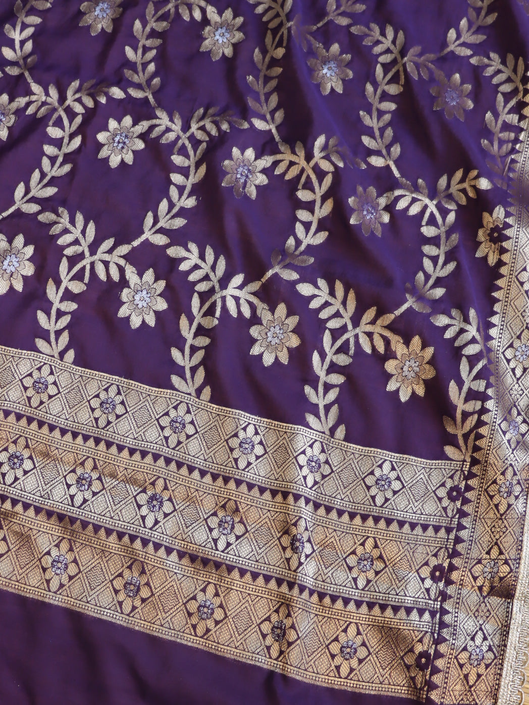 Banarasee Cotton Silk Dupatta With Zari Jaal Design & Lace-Purple