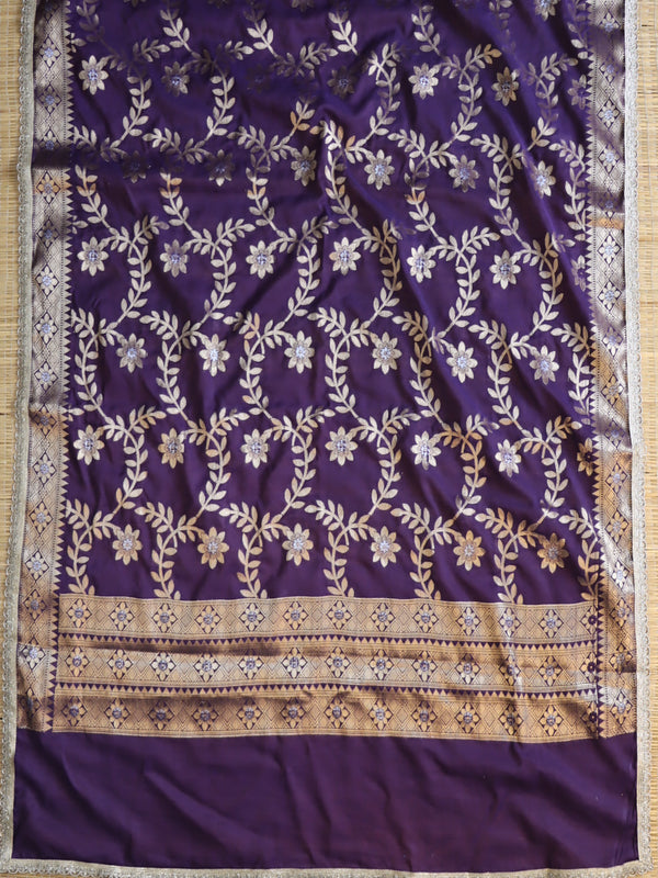 Banarasee Cotton Silk Dupatta With Zari Jaal Design & Lace-Purple