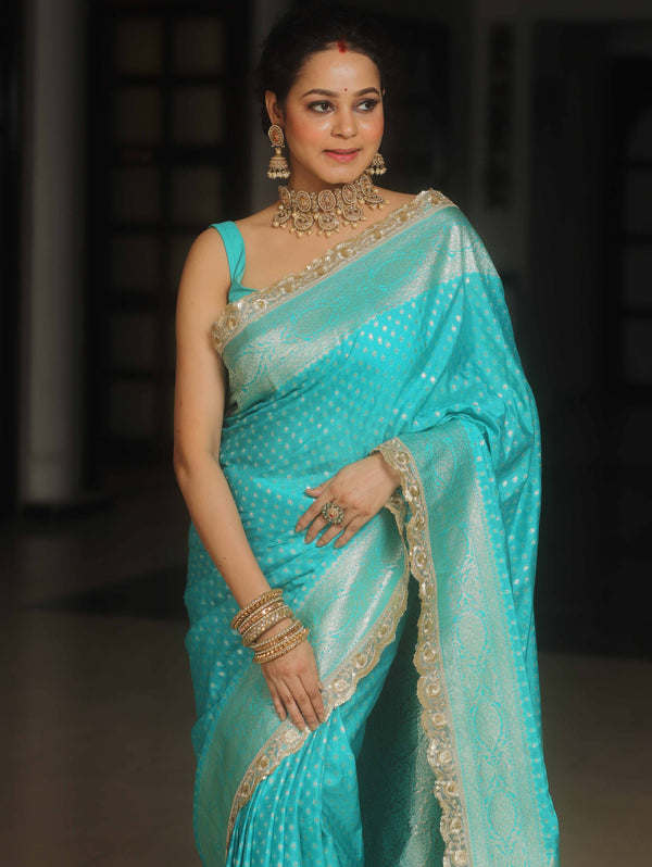 Banarasee Semi-Katan Silver Zari Border Saree With Lace-Turquoise Blue