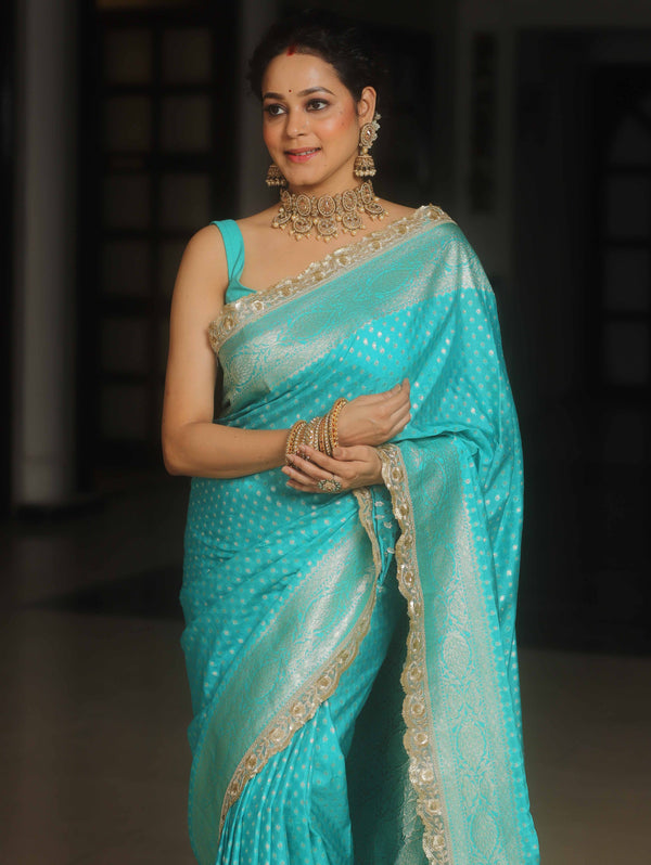 Banarasee Semi-Katan Silver Zari Border Saree With Lace-Turquoise Blue