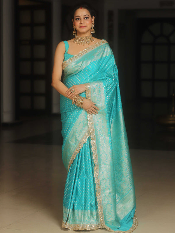 Banarasee Semi-Katan Silver Zari Border Saree With Lace-Turquoise Blue