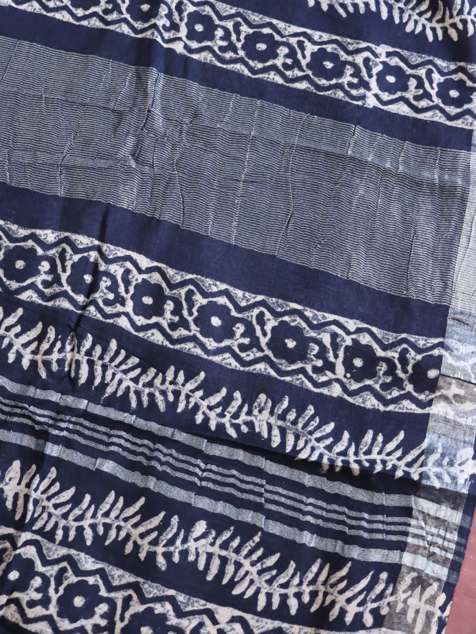 Linen Cotton Bagru Hand-Block Printed Saree-Blue