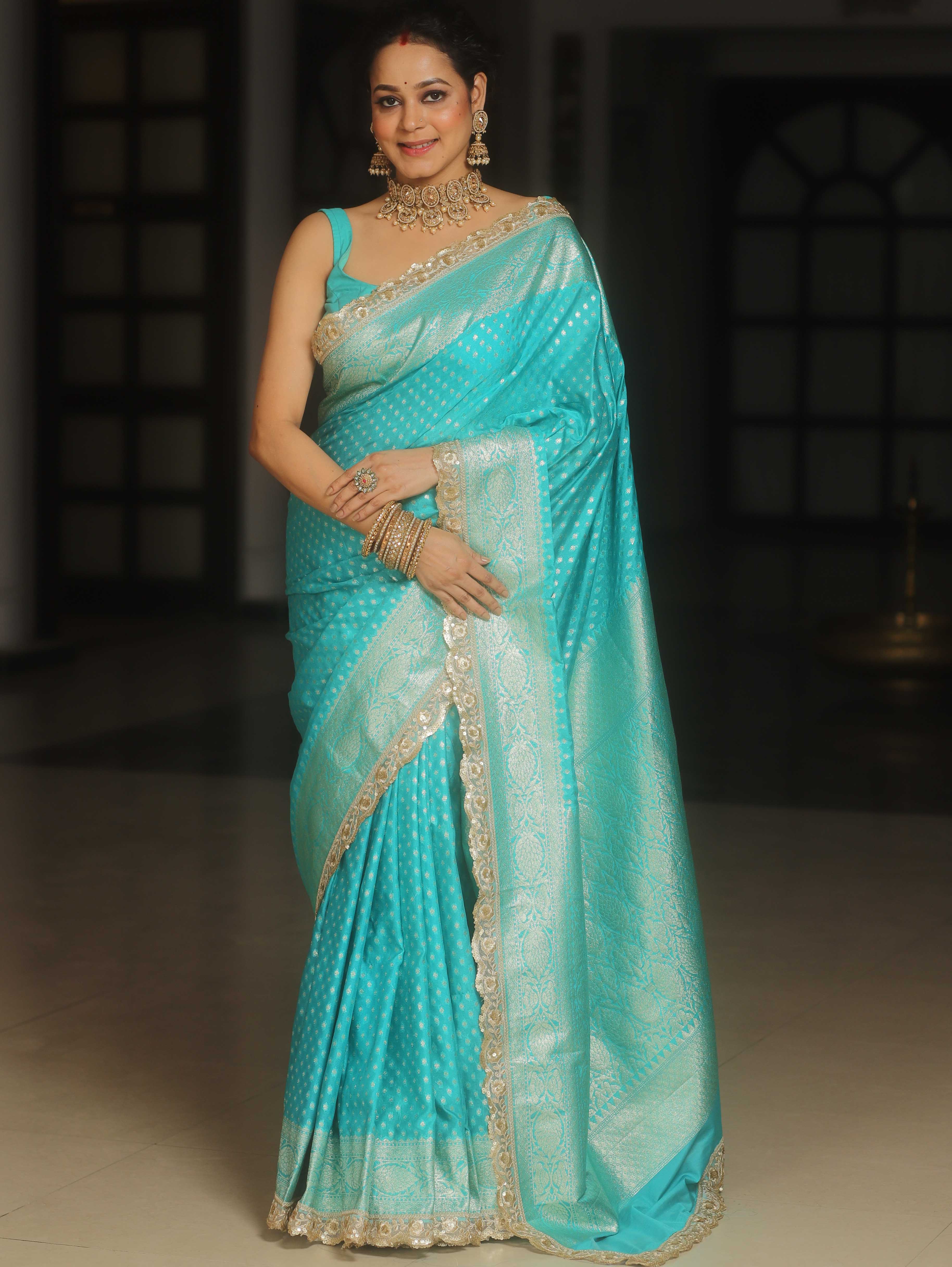 Banarasee Semi-Katan Silver Zari Border Saree With Lace-Turquoise Blue