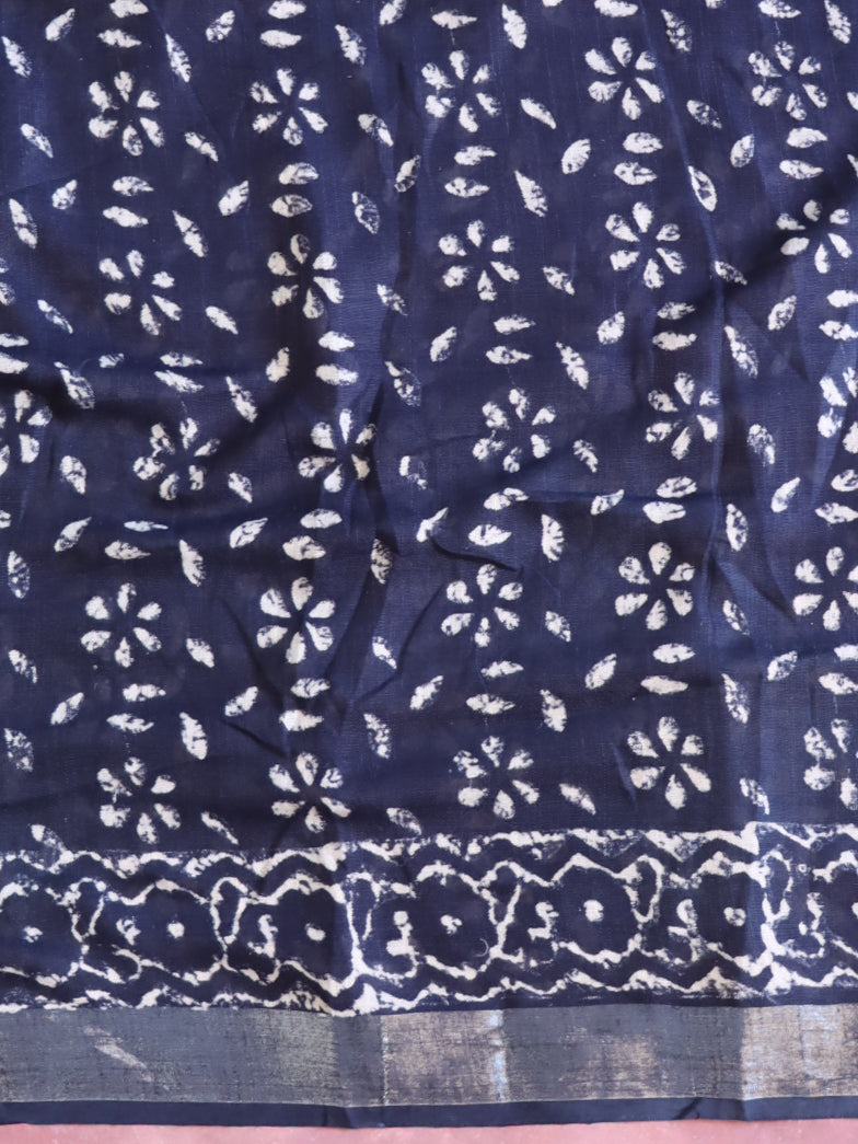 Linen Cotton Bagru Hand-Block Printed Saree-Blue