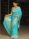 Banarasee Semi-Katan Silver Zari Border Saree With Lace-Turquoise Blue