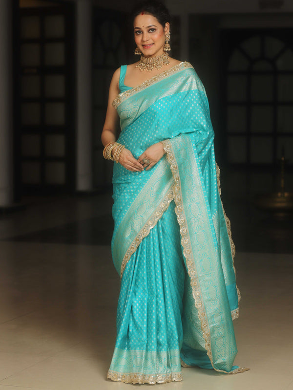 Banarasee Semi-Katan Silver Zari Border Saree With Lace-Turquoise Blue