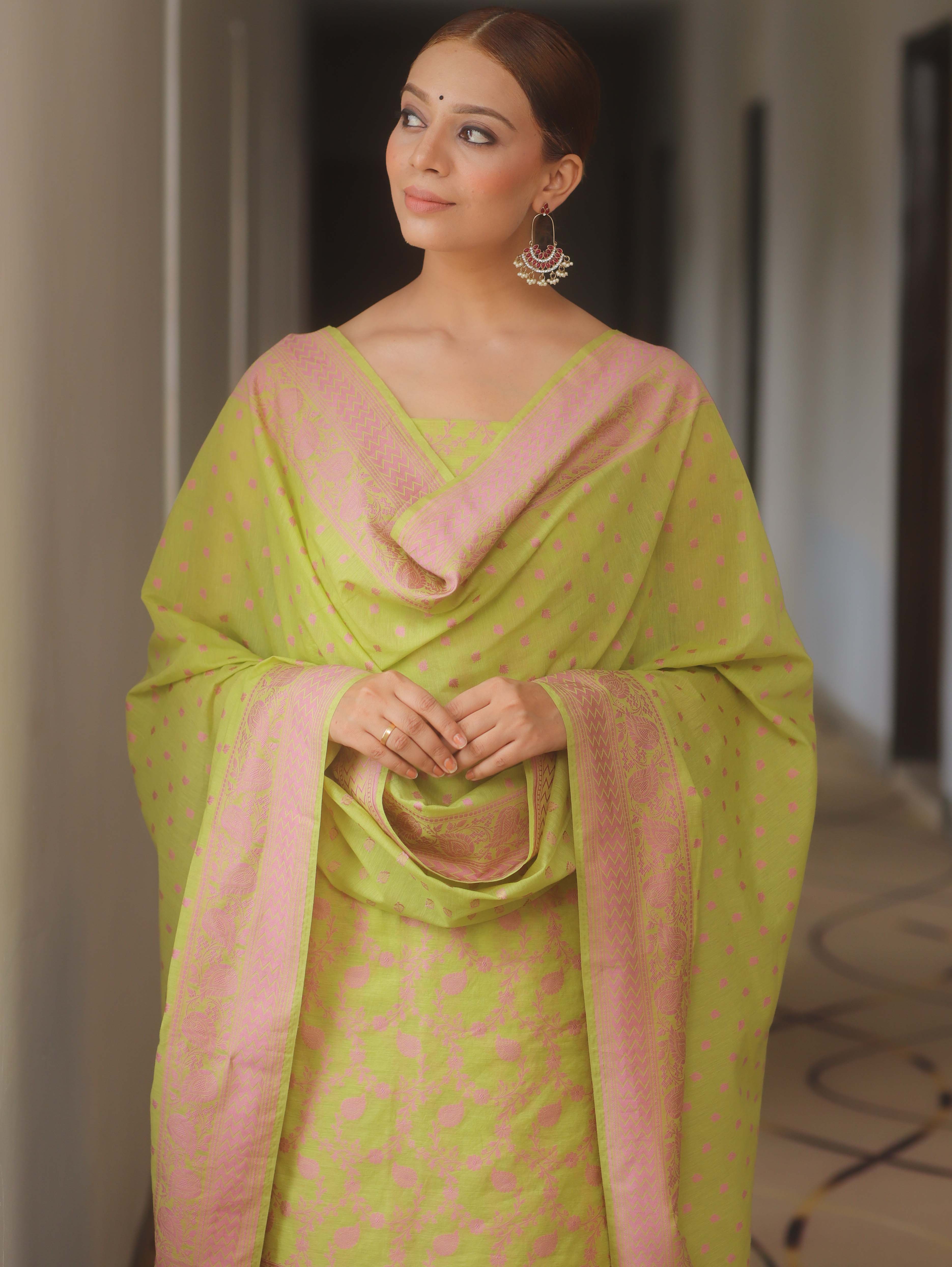 Banarasee Cotton Salwar Kameez Fabric With Dupatta & Resham Zari-Light Green