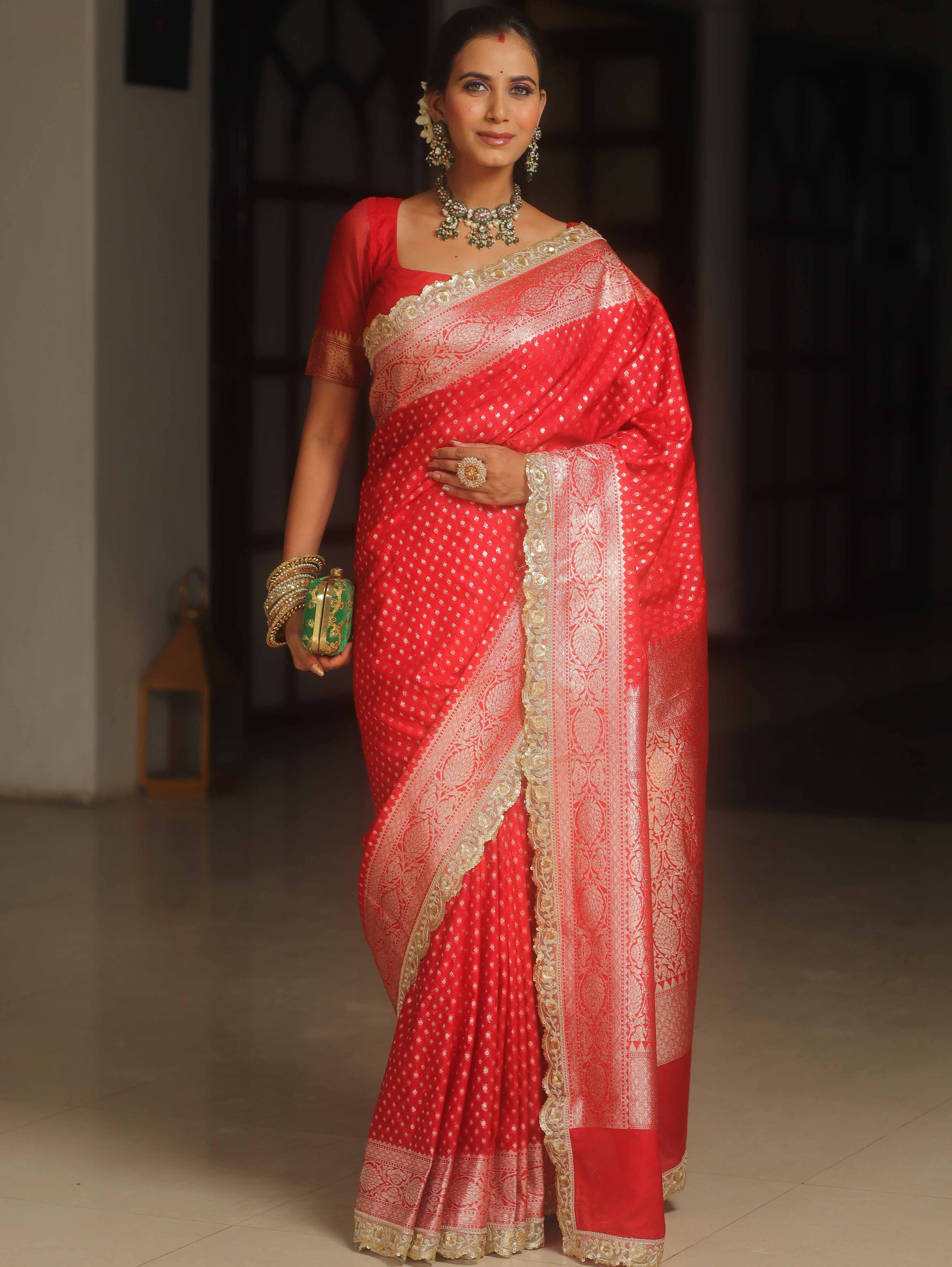 Banarasee Semi-Katan Silver Zari Border Saree With Lace-Red