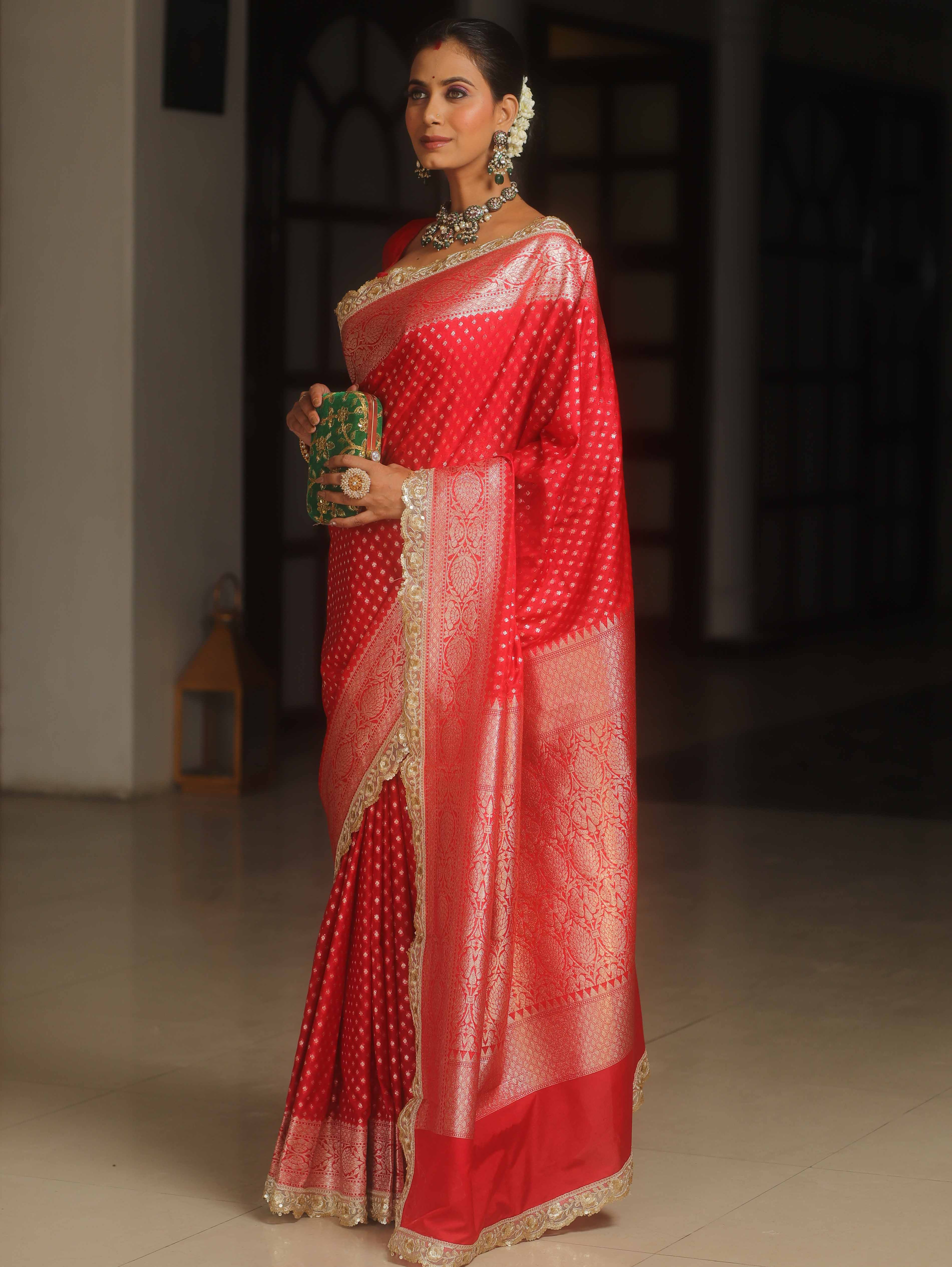 Banarasee Semi-Katan Silver Zari Border Saree With Lace-Red