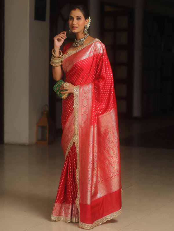 Banarasee Semi-Katan Silver Zari Border Saree With Lace-Red