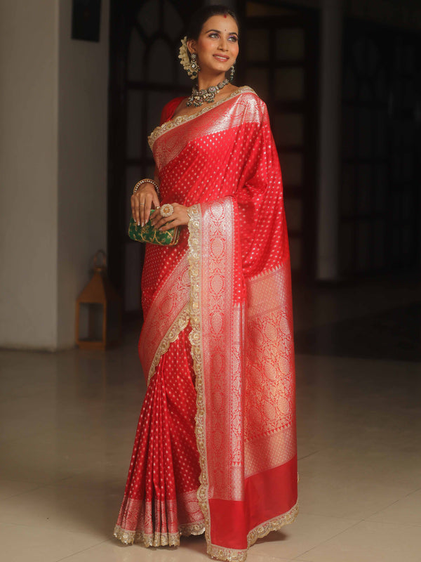 Banarasee Semi-Katan Silver Zari Border Saree With Lace-Red