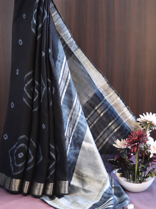 Bhagalpur Handloom Shibori Dyed Linen Saree-Black